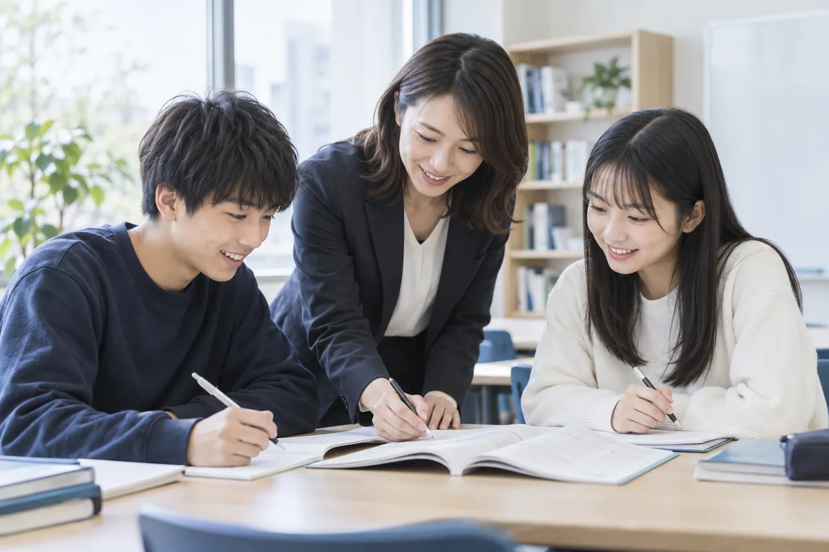 講師と一緒に学ぶ生徒たち。架空の人物のAI生成画像