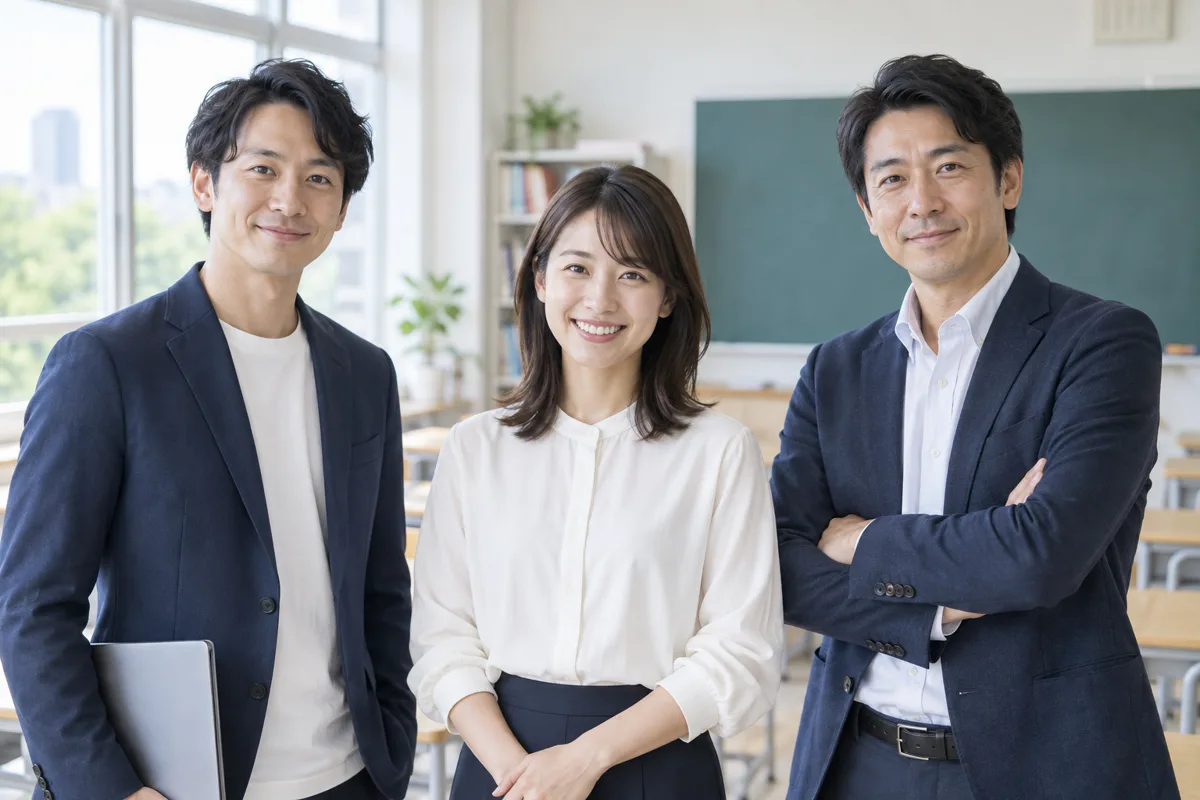 左から水野航、高瀬葵、森川直人という設定の3名の講師。架空の人物のAI生成画像